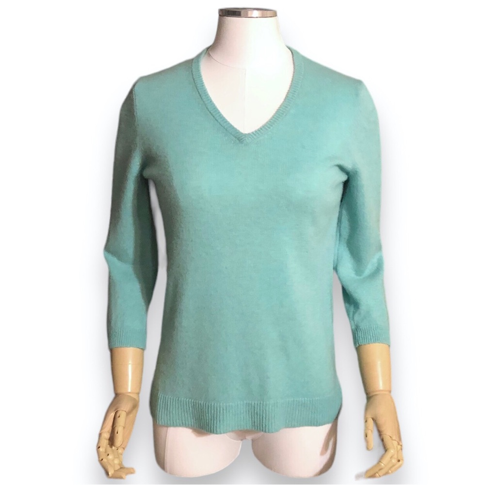 PECK & PECK Aqua Cashmere V Neck Sweater Three Quarter Sleeve